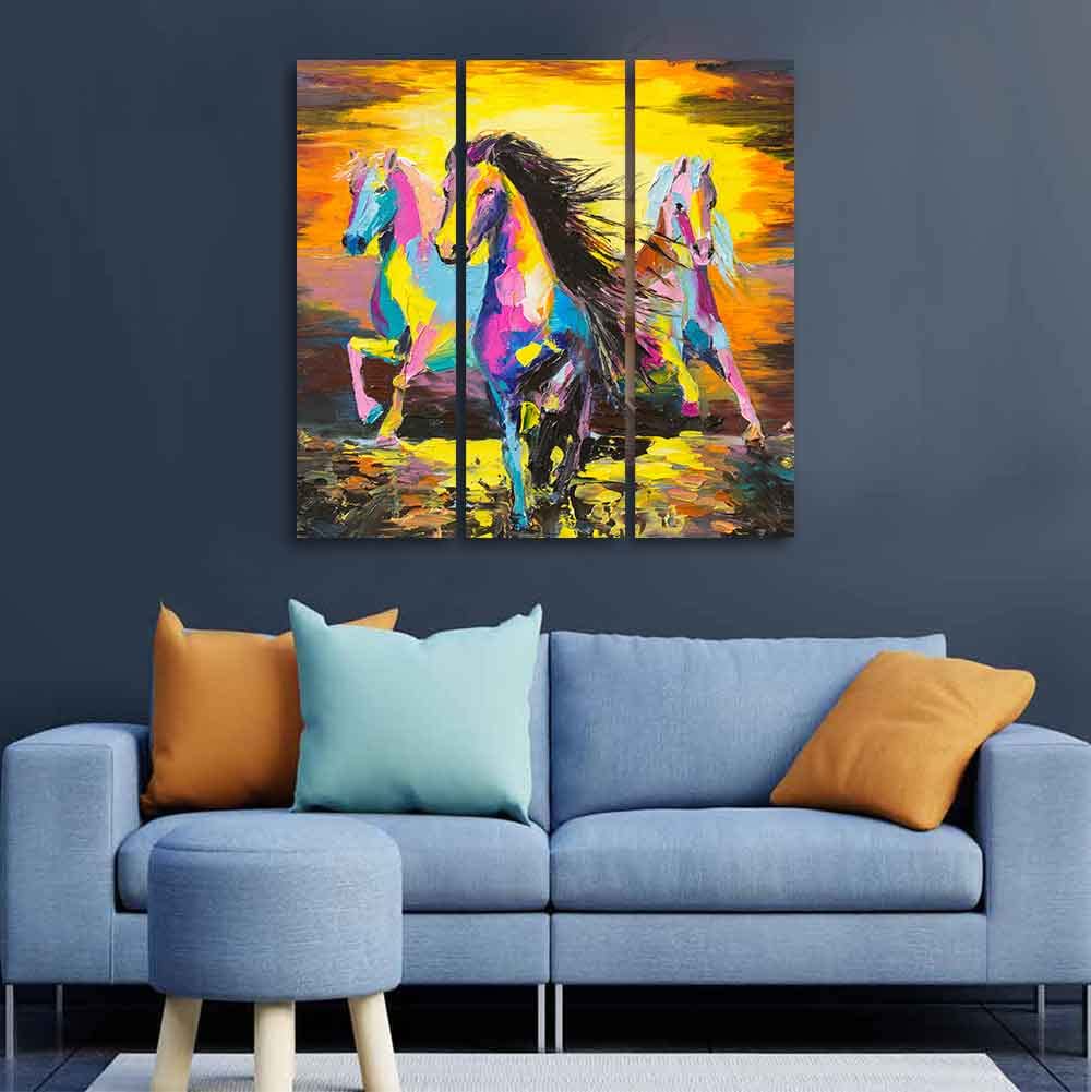 VIBECRAFTS Horse Running In Sunset 3 Pieces Canvas Wall Painting Fitted With Wooden Frame For Home | Office | Living Room | Gifts (PTVC3Pcs1_9516)