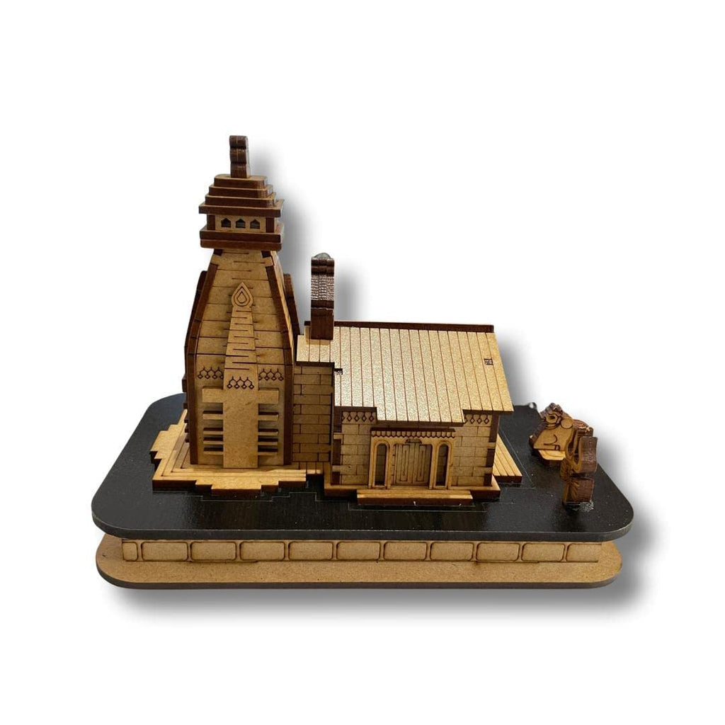 HaridwarDivine Wooden Hand Carved 3D Mini Shri Kedarnath Temple, Brown with Attached Nandi Maharaj and Trishul for Temple, Cardashboard, Gifting