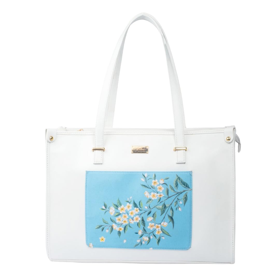 Strokes by Namrata Mehta Box Tote Bag for Women | Fits 16 Laptop | Large Tote Bag For Office Use and Work | Vegan Leather (Periwinkle Blue and White Box Tote Bag)