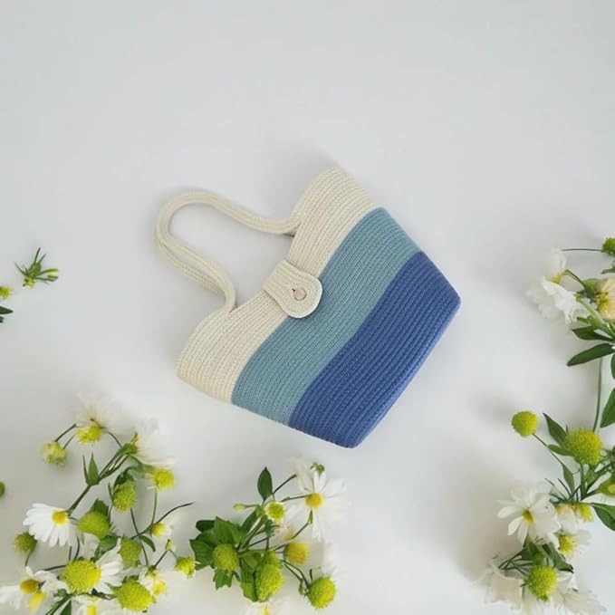 BEAUTIFUL HOMMIES Attractive Hand Bag |large Tote Bag |Summer Bag | Bucket Bag | Basket Bag | Bamboo Tote | Beach Bags for Women|Boho Bag|Handbag |Jute Bag |Handmade Bag (WHITE BLUE NAVY BLUE)