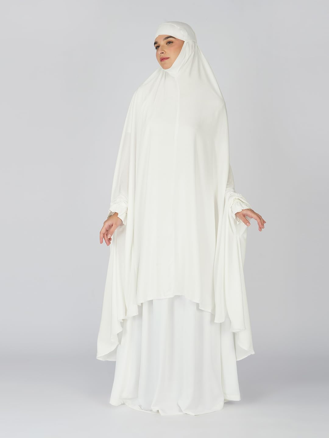 ANAApparels ANA Raha White Solid Prayer Dress – Premium Modal Namaz Makhna with Tie Knot | 50″ Front × 58″ Back | Attached Sleeves | Lightweight, Breathable, Ready to Wear for Hajj, Umrah & Salah