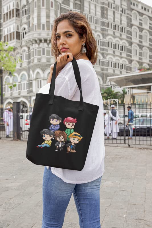 YaYaCafe BTS Printed Canvas Cotton Black Tote Bag with Zipper for Womens and Girls