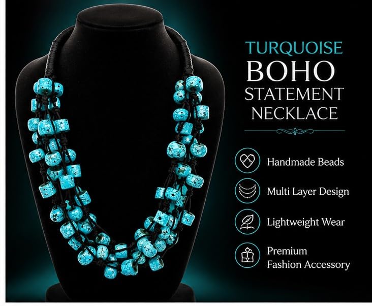 PRIMENEST Turquoise Blue Stone Statement Necklace for Women & Girls | Handmade Boho Multi-Strand Beaded Necklace | Ethnic Tribal Fashion Jewellery for Party, Casual, Festive & Gift | PN-63