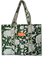 Cotton Tote bag for Women | Shoulder Bag | Reversible Bag | Durable Shopping bag | Reusable Grocery Bags | Eco friendly Bags| Handmade Cotton Bag | Stylish Quilted handBag (Dark Geen White)