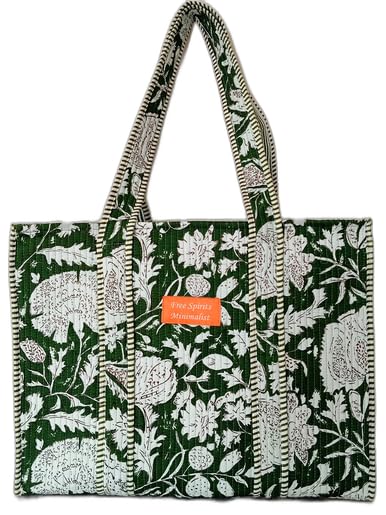 Cotton Tote bag for Women | Shoulder Bag | Reversible Bag | Durable Shopping bag | Reusable Grocery Bags | Eco friendly Bags| Handmade Cotton Bag | Stylish Quilted handBag (Dark Geen White)