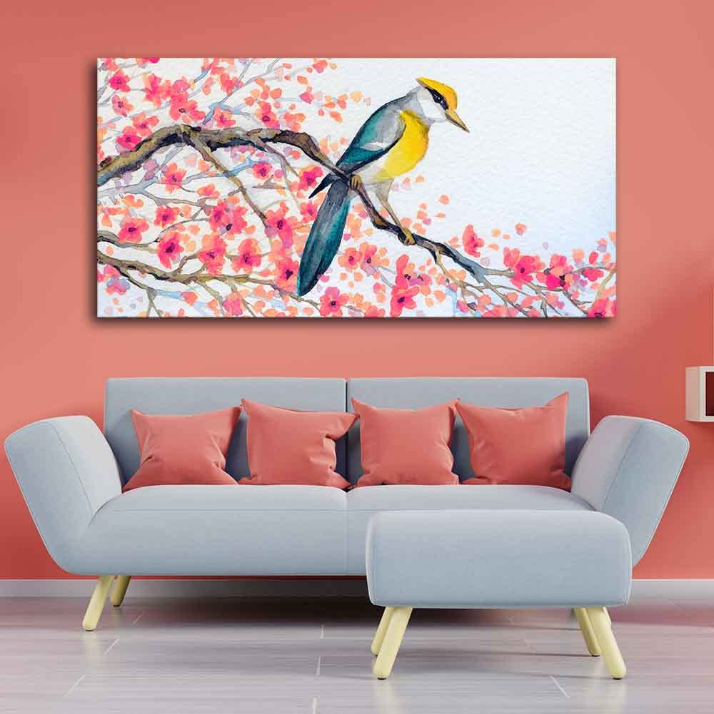 VIBECRAFTS Canvas Paintings for Living Room Drawing Room Beautiful Bird On Tree Branch Canvas Wall Painting Fitted With Wooden Frame For Home | Office | Living Room | Gift (PTVCH_2466)