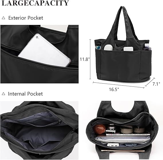 Voroly Tote Bag Women Casual Handbag Shoulder Bag Purses with Zipper and Pockets for Work School Gym Travel Shopping (BLACK)