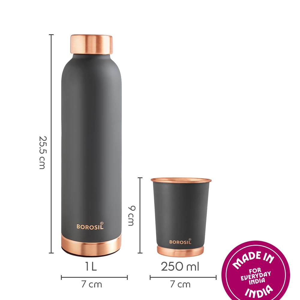 Borosil Eco Copper Bottle with Glass Set | 1L Bottle with 2 Tumbler (250 ml Each) | 100% Pure Copper with Anti-Oxidant Properties of Copper for Daily Use (Grey)