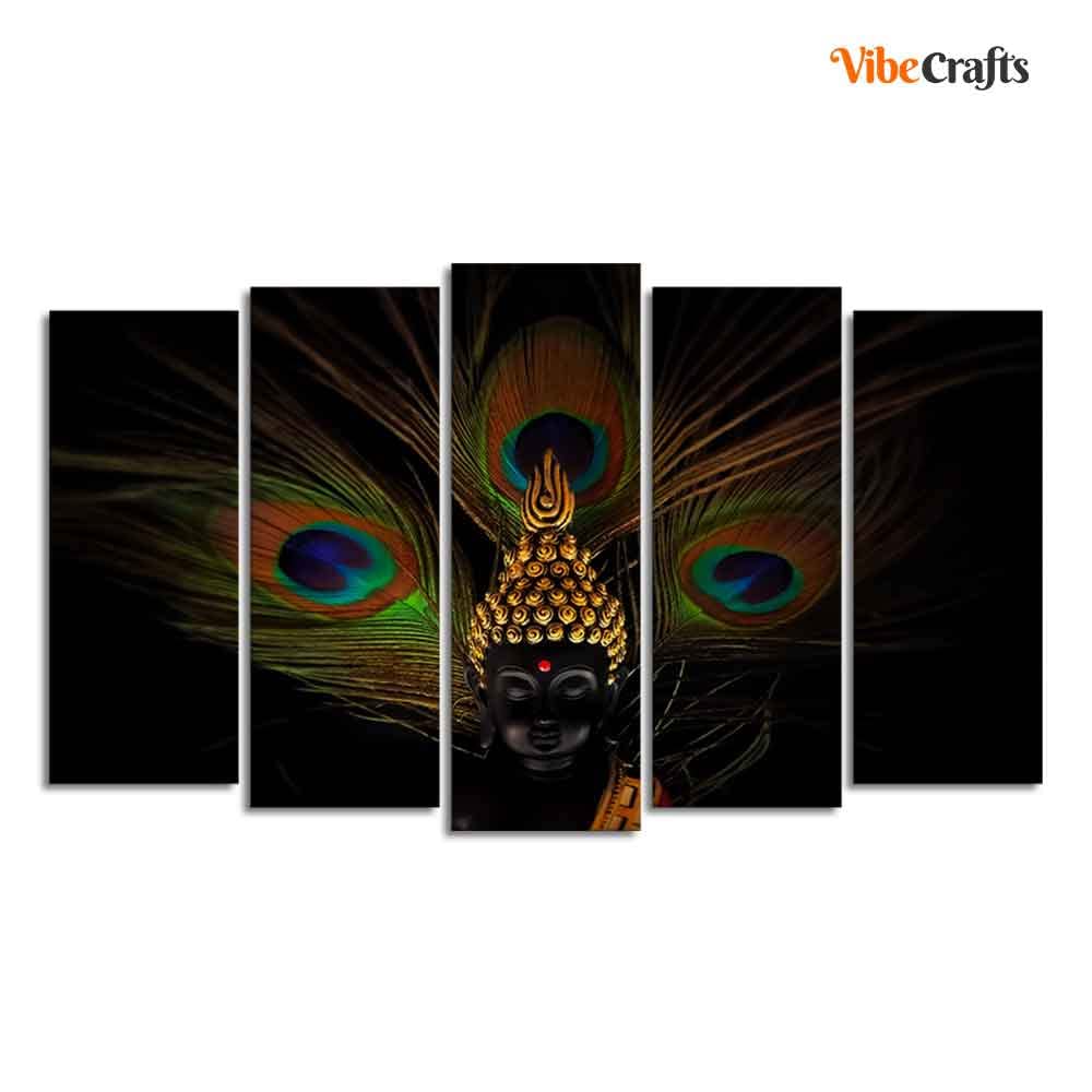 VIBECRAFTS Buddha With Peacock Feather Wall Painting of Five Pieces Set For Home|Office|Living Room|Gift (PTVC5Pcs2_6616)