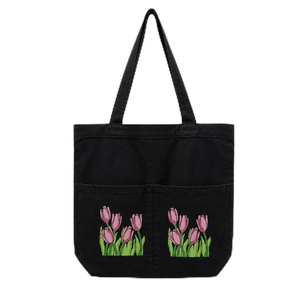 Suryatra Noir Tulip Canvas Tote Bag for Women & Men | Premium Cotton Canvas Shoulder Bag with Dual Front Pockets | Tote Bag for Office, College, Shopping & Travel | Black | 14 x 16 Inches