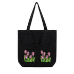 Suryatra Noir Tulip Canvas Tote Bag for Women & Men | Premium Cotton Canvas Shoulder Bag with Dual Front Pockets | Tote Bag for Office, College, Shopping & Travel | Black | 14 x 16 Inches