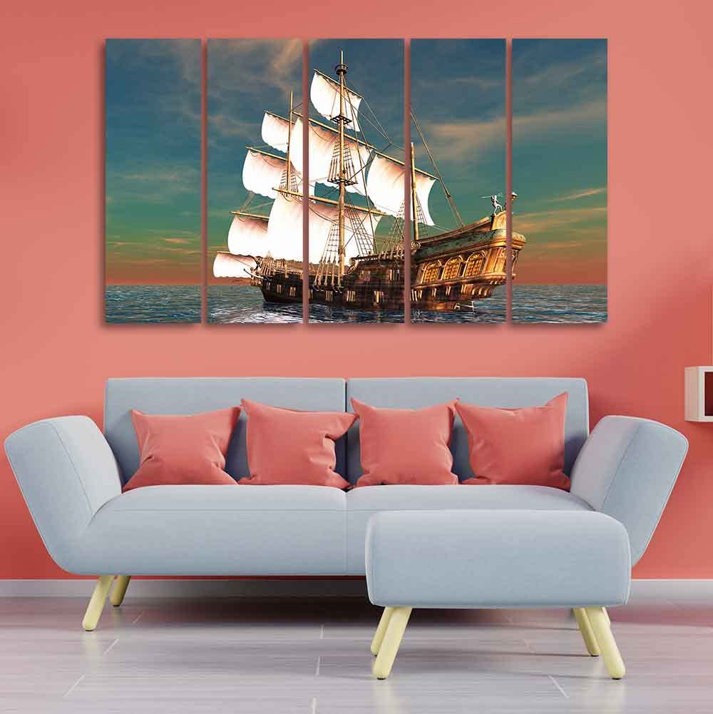 VIBECRAFTS Premium Wall Painting of Ship on the Ocean Five Pieces For Home|Office|Living Room|Gift (PTVC5Pcs4_8610)