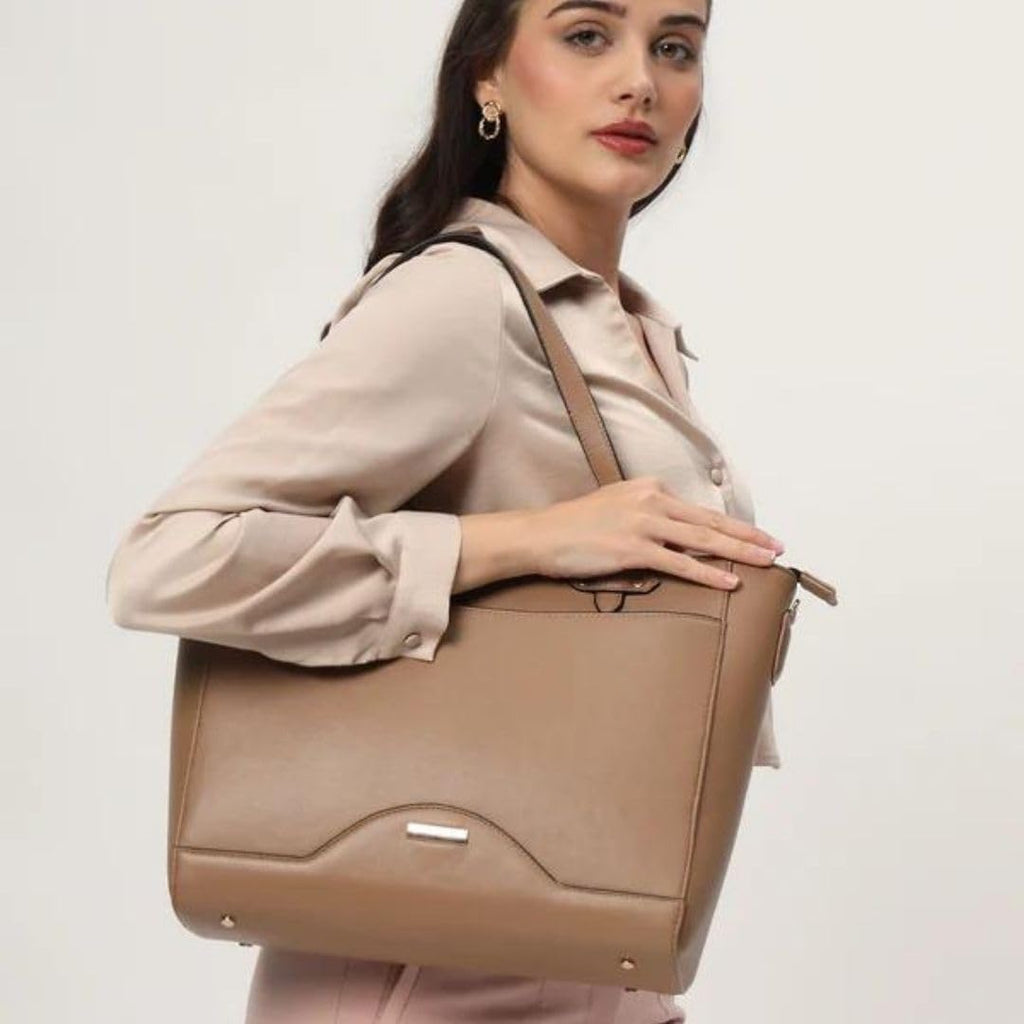 The Gusto Ardor - Premium Vegan Leather Tote Bag For Women | Stylish Hand Bag/Shoulder Bag With Zip, Fits Upto 14 Laptop | Office, Casual, College Use | Detachable Sling, Handcrafted, Beige