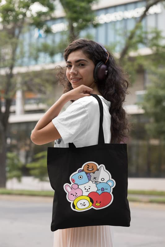 TheYaYaCafe BTS Printed Canvas Cotton Black Tote Bag With Zipper For Womens And Girls