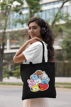 TheYaYaCafe BTS Printed Canvas Cotton Black Tote Bag With Zipper For Womens And Girls