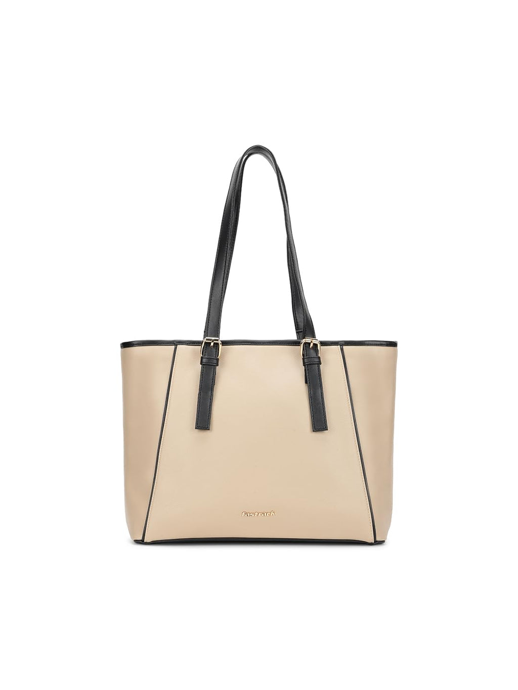 Fastrack Workflix Tote | 15” Laptop-Compatible Women’S Bag | Beige Tote with Black Details & Gold Buckle Accents