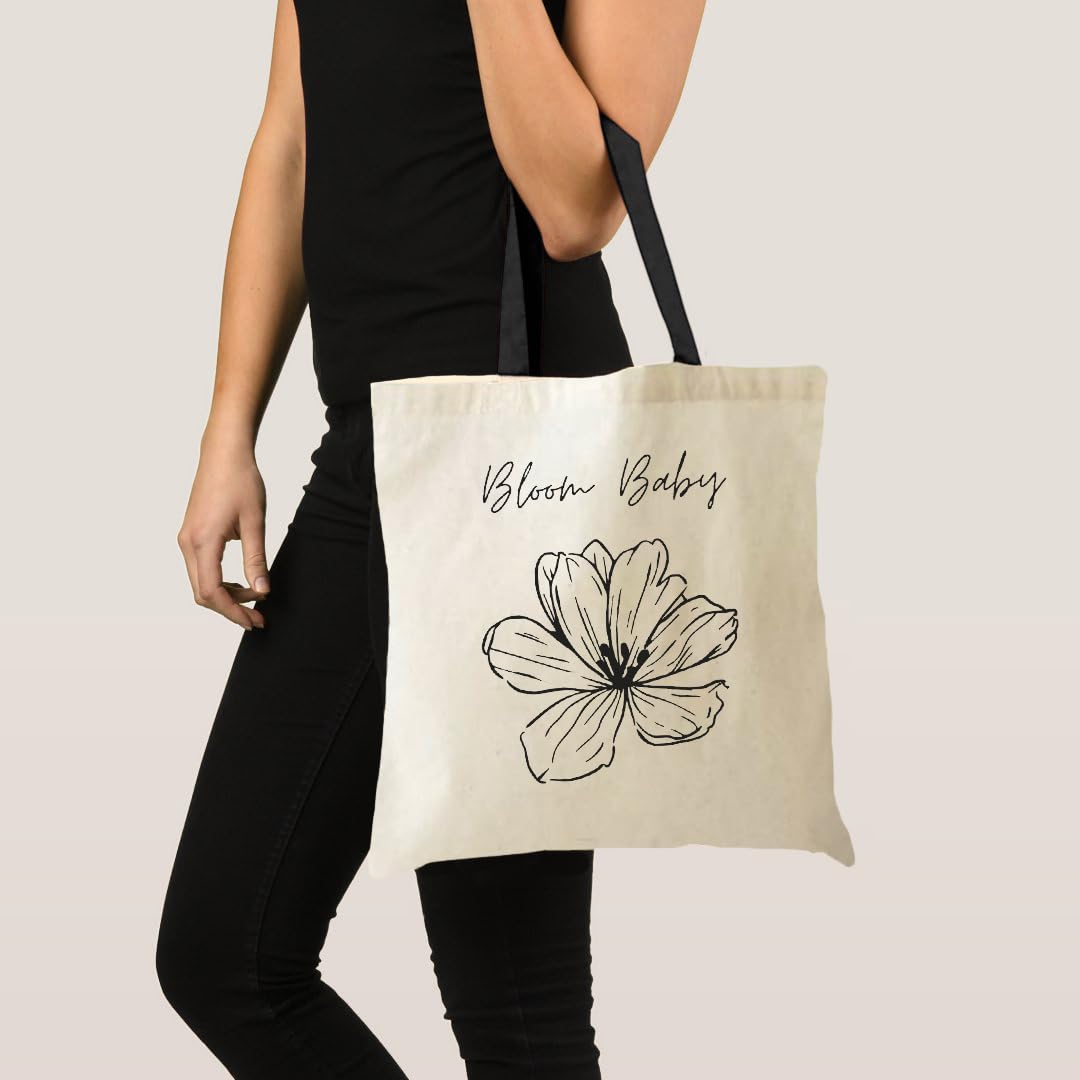 Peach Blossom Tote Bags with Zip,100% Cotton Shopping/Grocery Bag, Multi-Purpose Bag 5kgs Capacity, 2 Pack (Cbag_ZIP_WhiteBlombaby_Blacksurf)