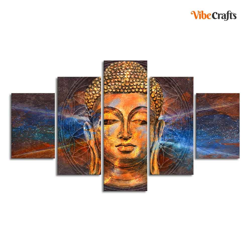 VIBECRAFTS Gautam Buddha Head Canvas Wall Painting of Five Pieces For Home|Office|Living Room|Gift (PTVC5Pcs1_5524)