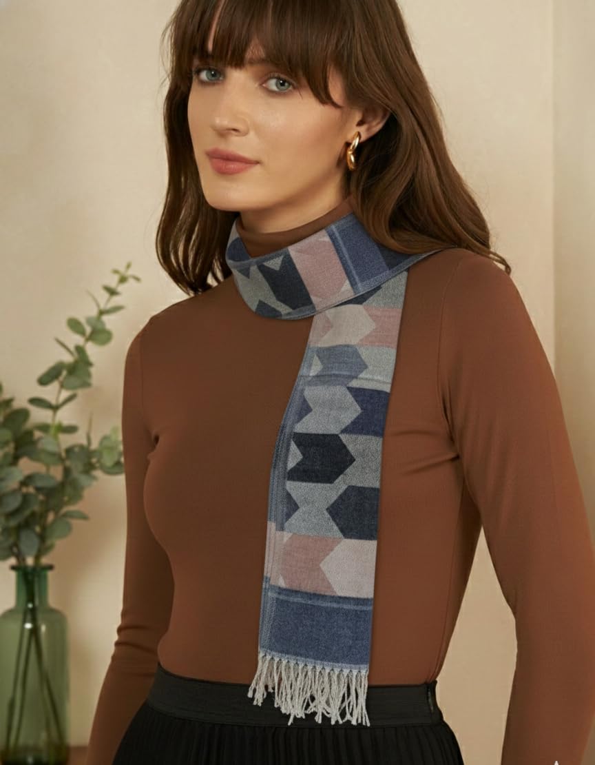 Ravaiyaa - Attitude is everything Women Woolen Ikat Design Casual Warm Winter Wear Muffler Scarf Stole 72x14 Inch (Blue & Multi Color)