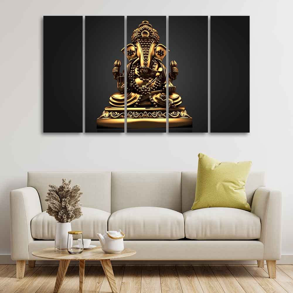 VIBECRAFTS Golden Statue of Ganesha Wall Painting of Five Pieces For Home|Office|Living Room|Gift (PTVC5Pcs4_8714)