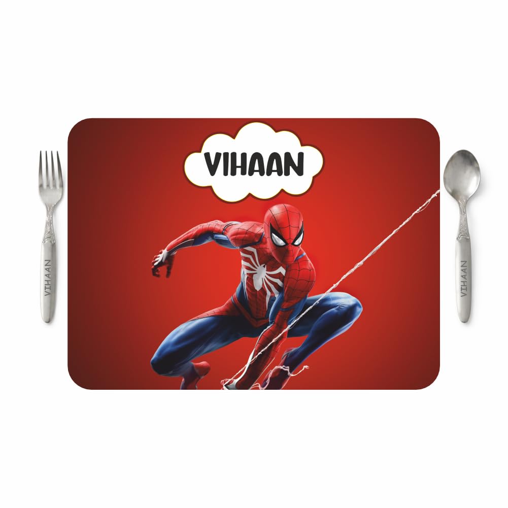 VS GIFTS Customized Table Mat with Name & Design Engraving | Personalized Dining Mat with Spoon & Fork | Customized Birthday Gift for Kids (Spidermen) Kafalo