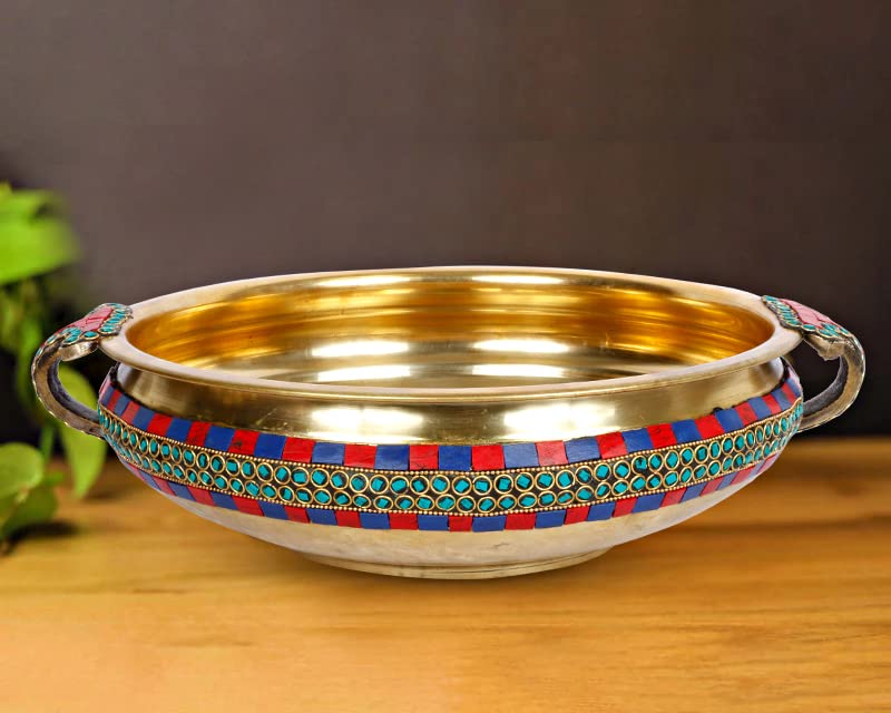 ARTVARKO Multicolor Gemstone Handwork Brass Traditional Urli Bowl Showpiece for Floating Flowers Candles Home Office Decor Diwali Gift 12 Inches