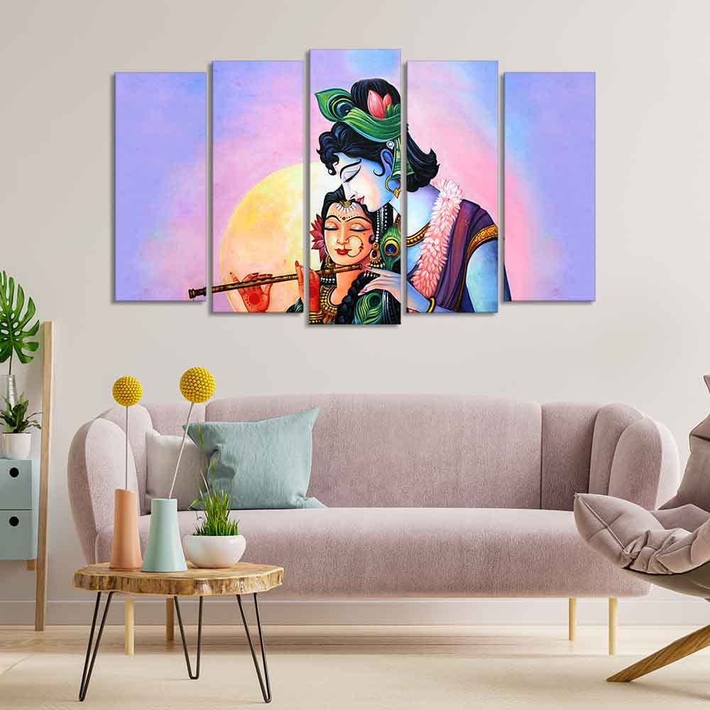VIBECRAFTS Radha Krishna Canvas Wall Painting Set of Five Panels For Home|Office|Living Room|Gift (PTVC5Pcs2_6574)