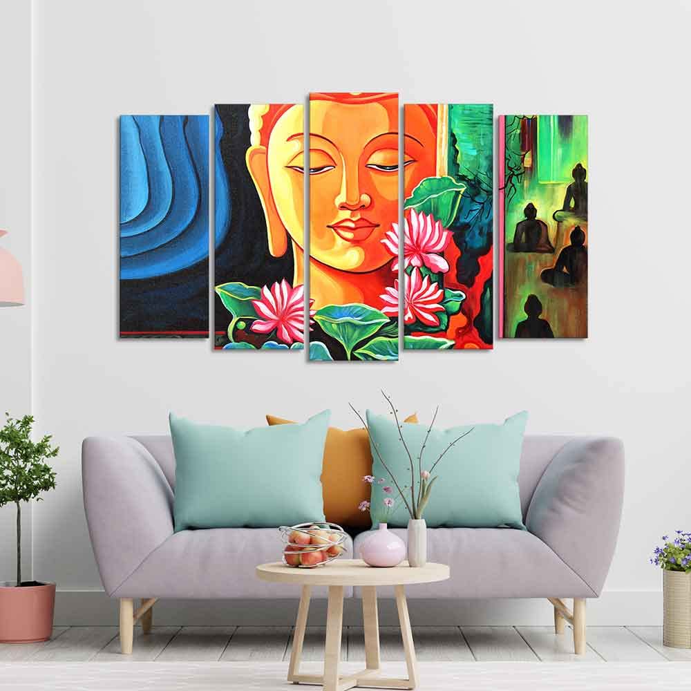 VIBECRAFTS Spiritual Gautam Buddha Wall Painting Set of Five Pieces For Home|Office|Living Room|Gift (PTVC5Pcs2_6568)