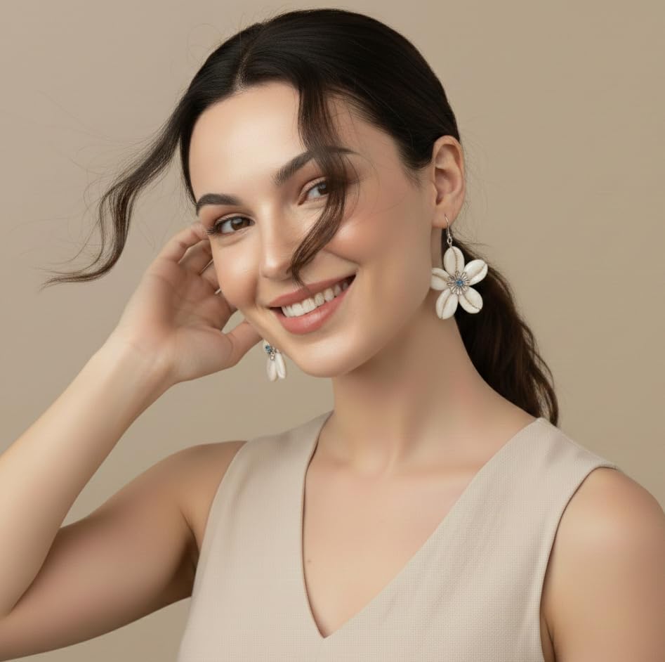 Handmade Sea Shell Flower Earrings Unique Boho Beach Jewellery Antique Aesthetic Cowrie Shell White Kodi Bohemian Floral Earrings For Women And Girls