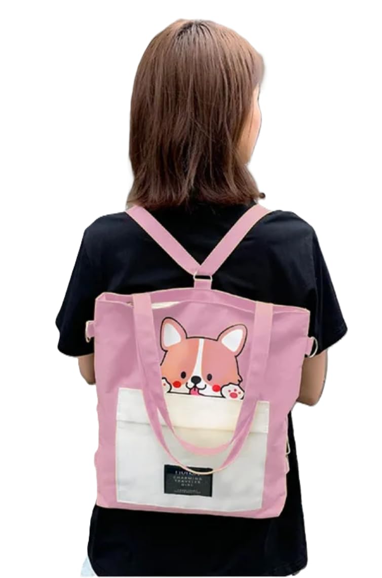 INOVERA (LABEL) Canvas Tote Bags, Shoulder Bag and Backpack for Womens - Handbags for Ladies - Girls for Office,Travel,Collage,and Shopping Daily Use With Adjustable Strap (Pink)