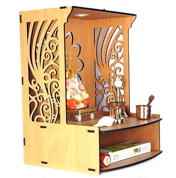9br® Laabh Beautiful Wooden Pooja Stand for Home Pooja Mandir for Home Temple for Home and Office, with LED Spot Light Size (H- 15.5, L- 11.5, W-11 in)