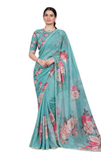 Femori Women's Georgette Floral Printed Saree, Aqua Blue with Pearl Border Detailing, Lightweight and Breathable (AQUA)