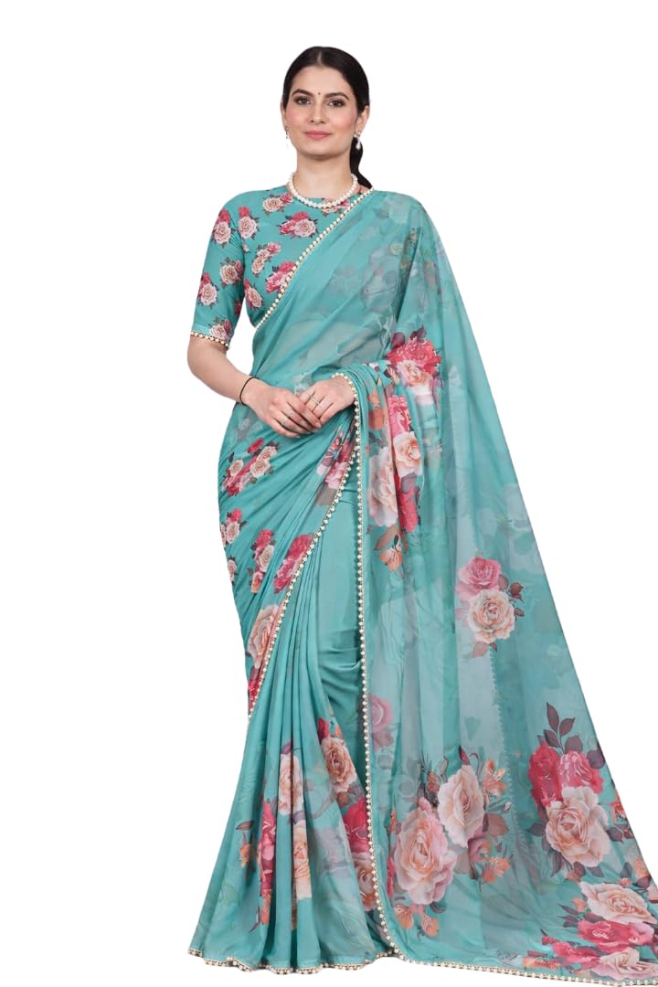 Femori Women's Georgette Floral Printed Saree, Aqua Blue with Pearl Border Detailing, Lightweight and Breathable (AQUA)