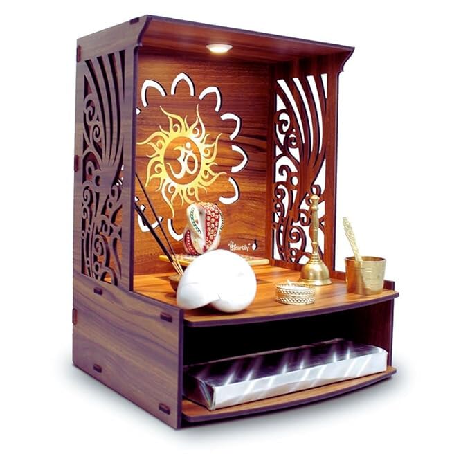 LET'S DIY Wooden Handcrafted OM Carved Temple | Traditional Home Mandir with Side Design Pattern | Pooja Mandir for Home & Office (Pack of 1)