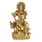SVARUP Brass Krishna Bhagwan Idol with Gau MATA in Gold Color Height 4.75 Inch