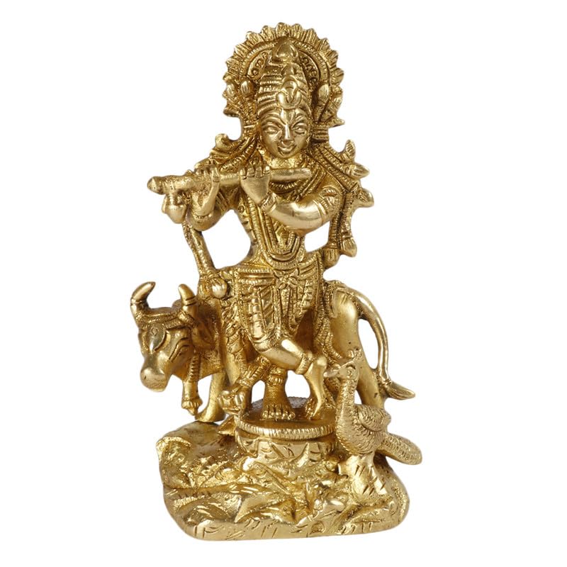 SVARUP Brass Krishna Bhagwan Idol with Gau MATA in Gold Color Height 4.75 Inch