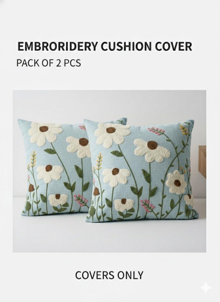 CASA-NEST Linen Embroidery Cushion Cover, Size -16x16 inch, Pack of 2 pc, Decorative Sofa Cushion (Aqua, 2)