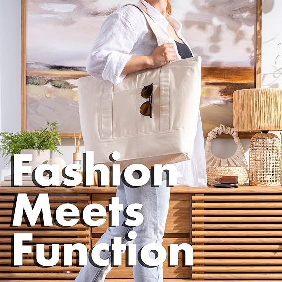 Econest Large Canvas Tote Bag for Women, Beach Bags, Travel Bag with Outer Pockets & Inner Zipper Pocket, Reusable Multi-Purpose Cotton Bags for School/Gym/Shopping/Beach & Groceries, (CREAME)