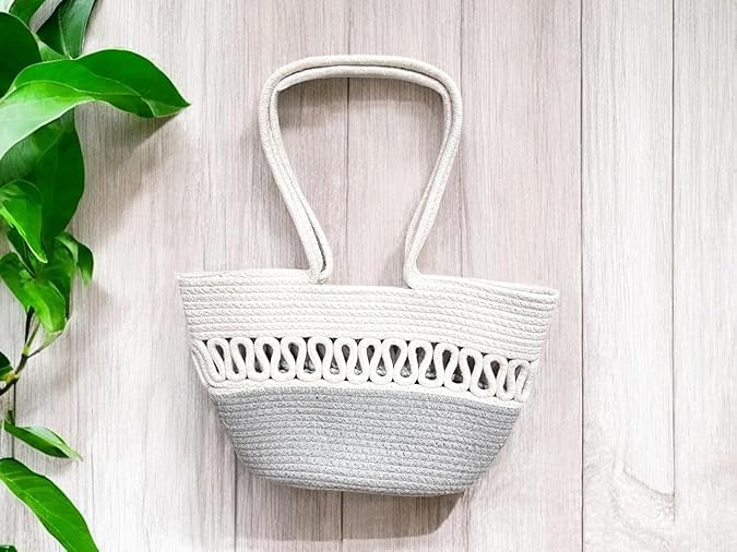 BEAUTIFUL HOMMIES Attractive Hand Bag |large Tote Bag |Summer Bag | Bucket Bag | Basket Bag | Bamboo Tote | Beach Bags for Women|Boho Bag|Handbag |Jute Bag |Handmade Bag (GREY WHITE)