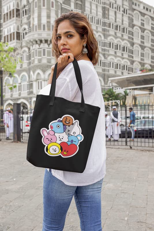 TheYaYaCafe BTS Printed Canvas Cotton Black Tote Bag With Zipper For Womens And Girls