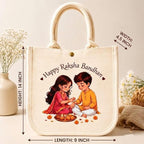KEROWAL Eco-Friendly Cotton Canvas Raksha Bandhan Gift Bag with Soft Rope Handles & Snap Button - Reusable Printed Tote Bag for Brother Sister Rakhi Gift Packaging & Hampers