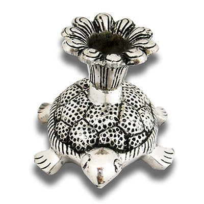 Prince Home Decor & Gifts White Metal Silver Color Tortoise Candle Holder for Pooja and Home Decor