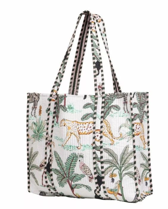 DecorAvenue Quilted Premium Cotton Printed Reversible Tote Bag Grocery Shopping Bag Travel Bags Carry Bag 18x15x5.5 Inch (White Jungle)