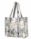 DecorAvenue Quilted Premium Cotton Printed Reversible Tote Bag Grocery Shopping Bag Travel Bags Carry Bag 18x15x5.5 Inch (White Jungle)
