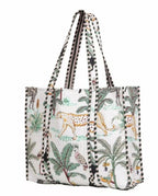 DecorAvenue Quilted Premium Cotton Printed Reversible Tote Bag Grocery Shopping Bag Travel Bags Carry Bag 18x15x5.5 Inch (White Jungle)