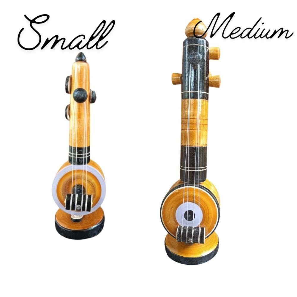 Thiva Handmade Wooden Veena Small and Medium Size Home Decor Gifting Eucalyptus Wooden Veena Musical Instruments Decorative Showpiece (Brown) Combo Pack of 2