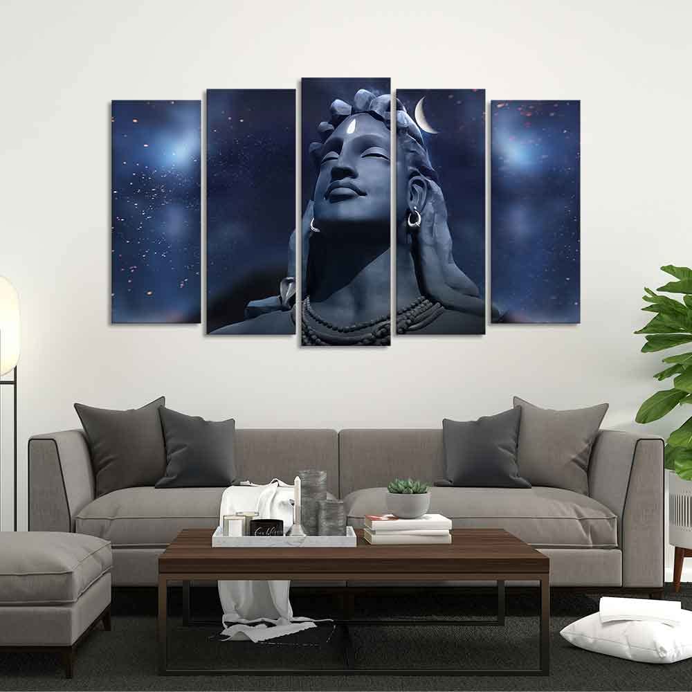 VIBECRAFTS Adiyogi Shiva Statue Canvas Wall Painting Set of Five Pieces For Home|Office|Living Room|Gift (PTVC5Pcs2_6596N)