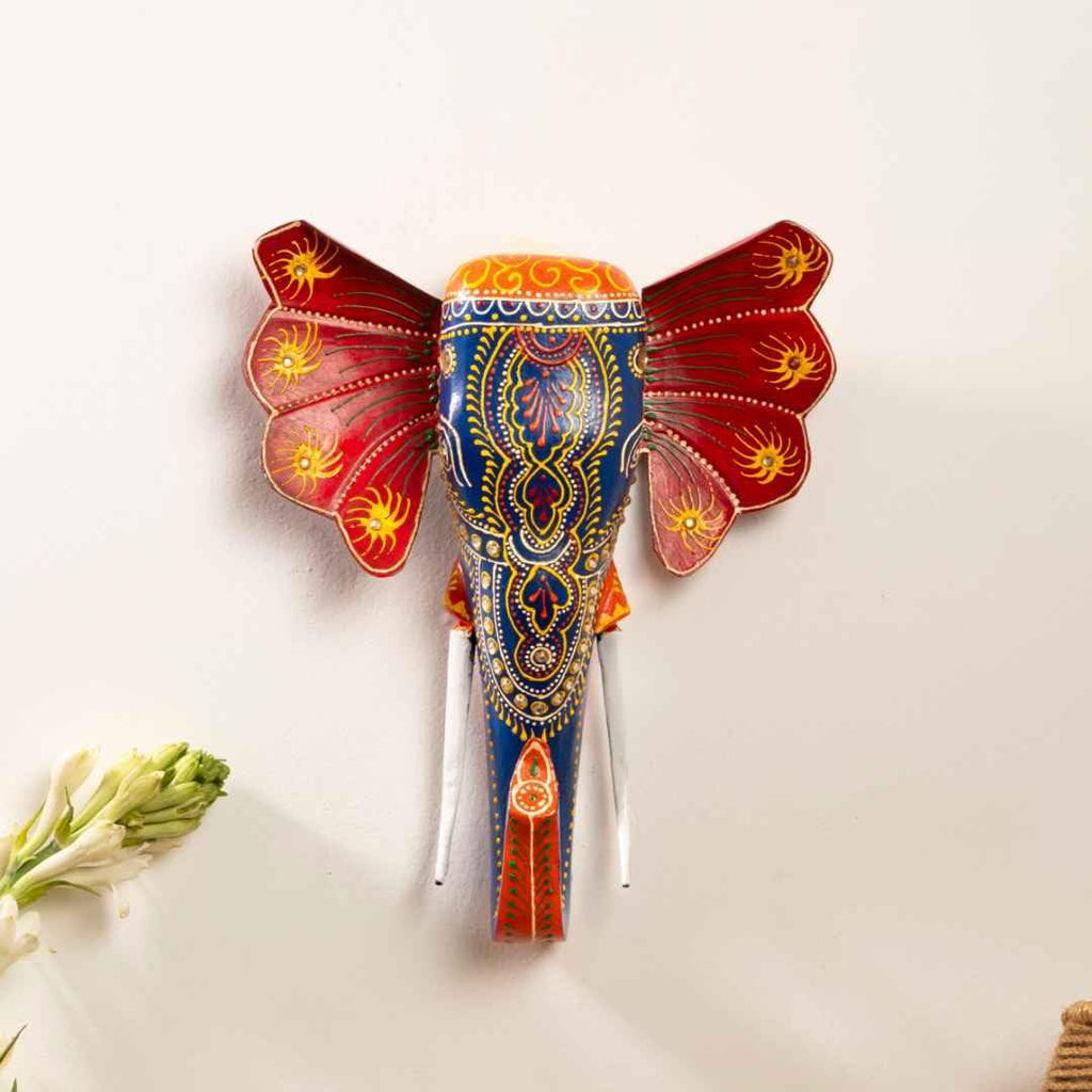 ATRANGI STUDIO Handpainted Wooden Elephant Wall Decor | Ethnic Wooden Wall Art | Symbol of Strength & Wisdom | Wall Hanging for Home, Corridor & Balcony | Ready to Hang | 11 Inch, Blue