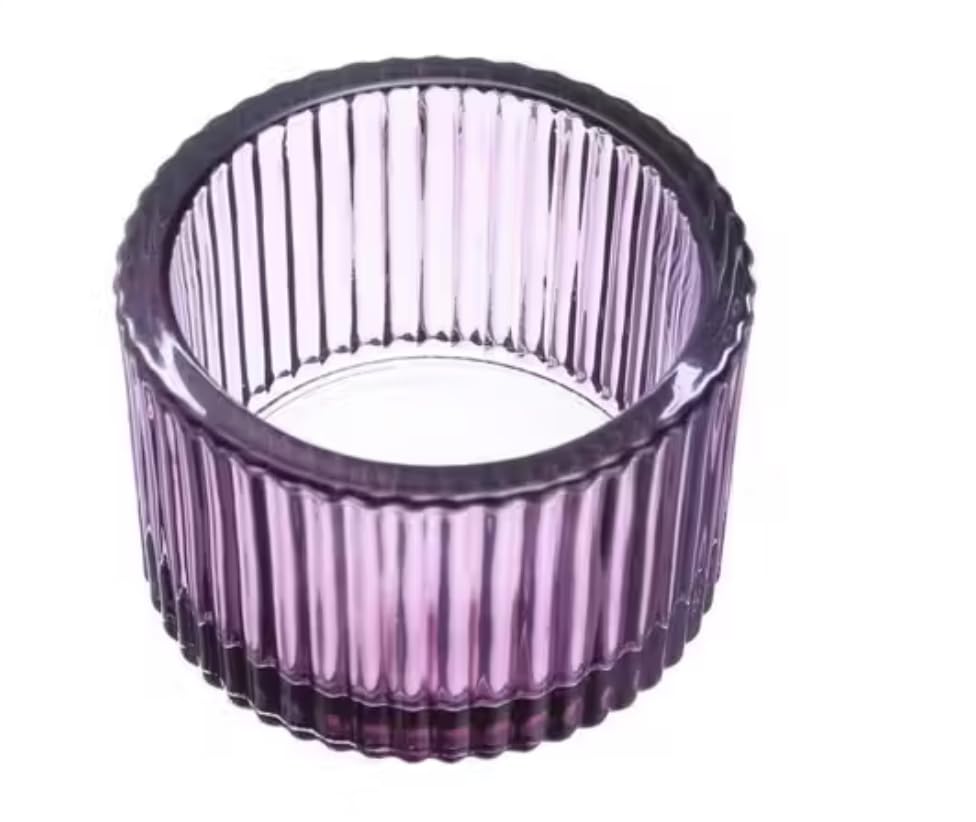 Ribbed Glass Tealight Candle Holders, Set of 6, Table Decor for Weddings, Candlelight Dinner, Diwali, Party (Pack of 6) (Purple)