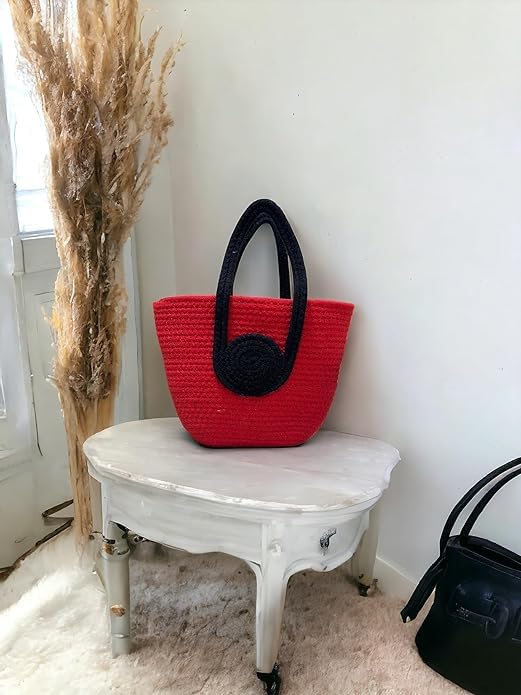 BEAUTIFUL HOMMIES Attractive Hand Bag | Large Tote | Summer Bucket | Bamboo Beach Basket for Women | Boho Handbag | Handmade Jute (RED-BLACK)